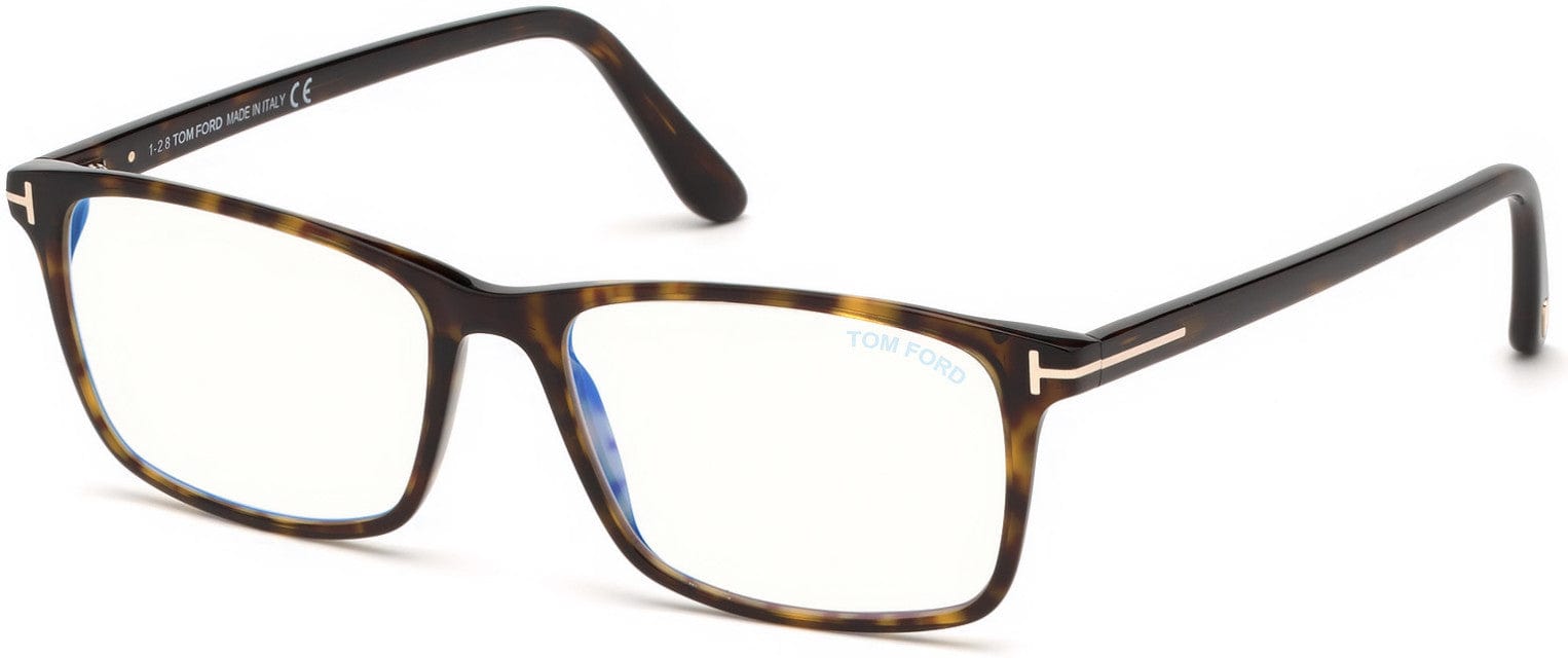 Tom Ford FT5584-B Geometric Eyeglasses 052-052 - Shiny Dark Havana, Rose Gold "t" Logo / Blue Block Lenses