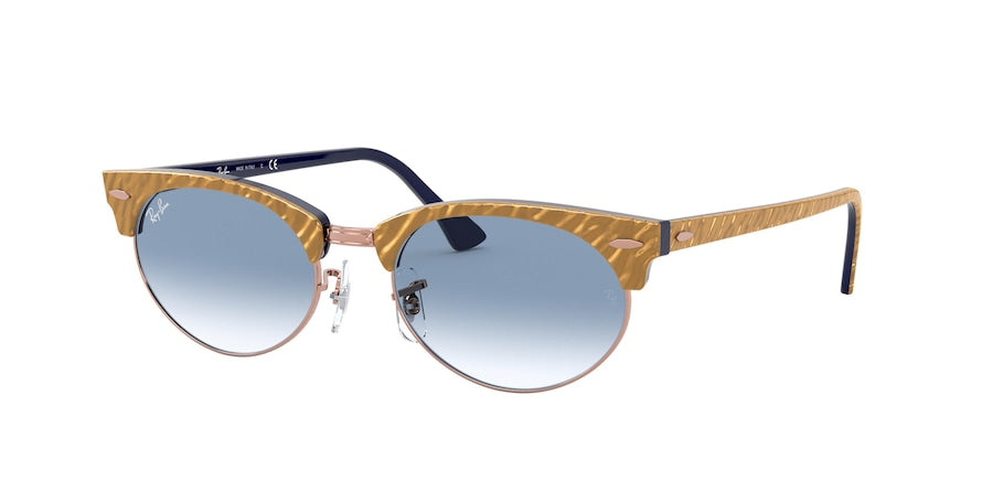 Ray-Ban CLUBMASTER OVAL RB3946 Oval Sunglasses  13063F-WRINKLED BEIGE ON BLUE 52-19-145 - Color Map light brown