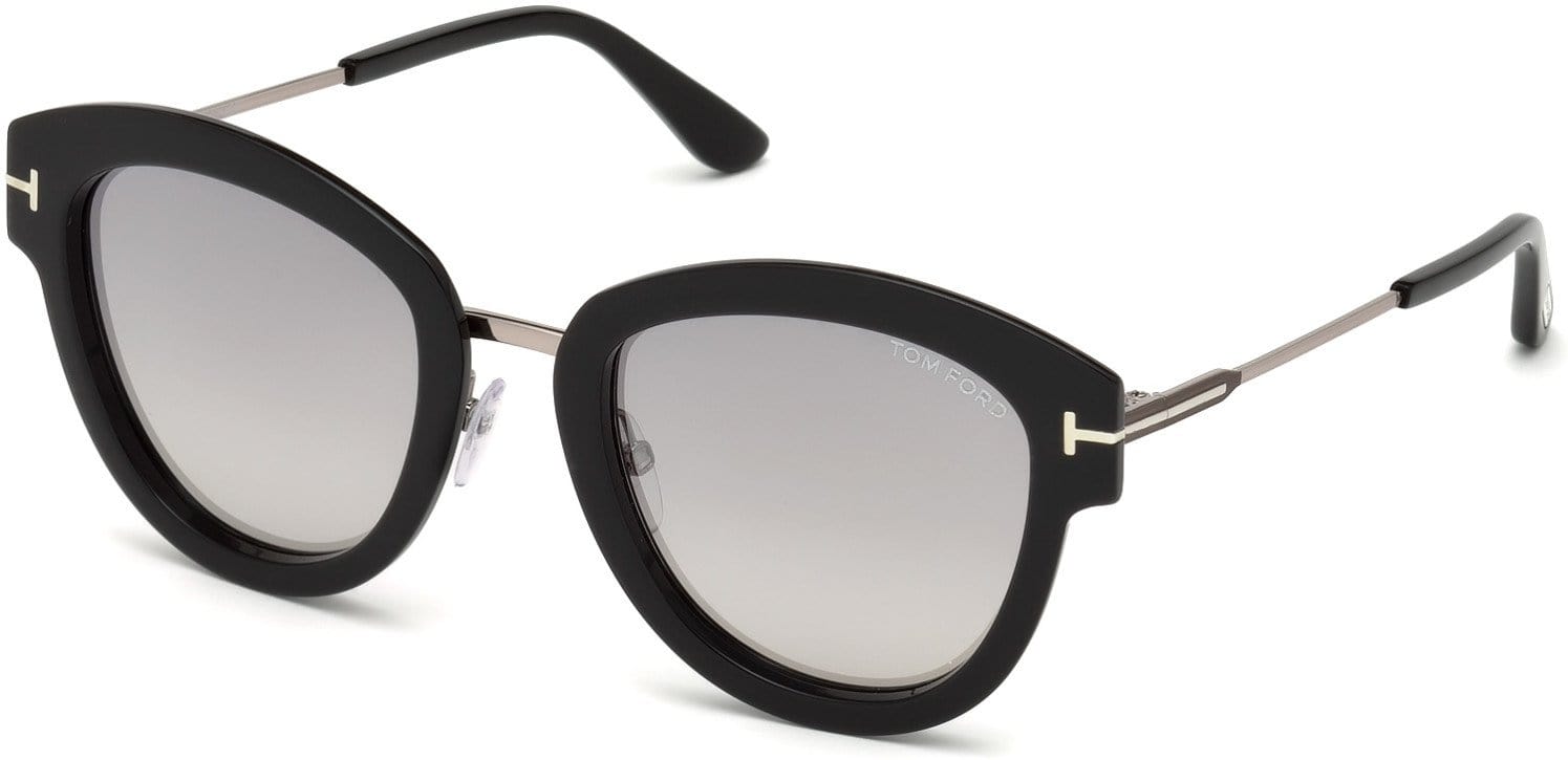 Tom Ford FT0574 Mia-02 Butterfly Sunglasses 14C-14C - Shiny Black, Light Ruthenium/ Gradient Smoke W. Flash Silver Lenses
