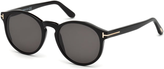 Tom Ford FT0591 Ian-02 Round Sunglasses 01A-01A - Shiny Black, Rose Gold T Logo/ Smoke Lenses