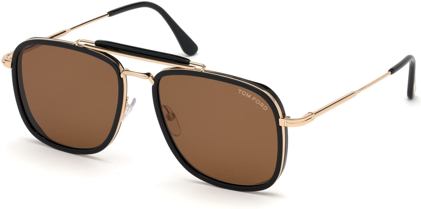 Tom Ford FT0665 Huck Geometric Sunglasses 01E-01E - Shiny Black Acetate Rims, Shiny Rose Gold/ Brown Lenses