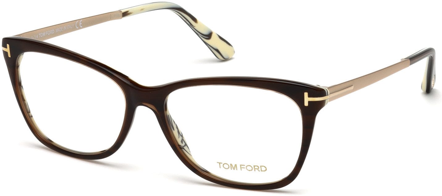 Tom Ford FT5353 Geometric Eyeglasses 001-050 - Shiny Transparent Brown, White-Brown Horn Tips, Brushed Rose Gold