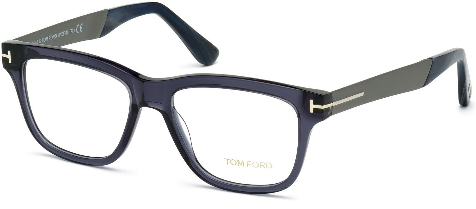 Tom Ford FT5372 Geometric Eyeglasses 090-090 - Shiny Transparent Blue, Sanded Dark Ruthenium