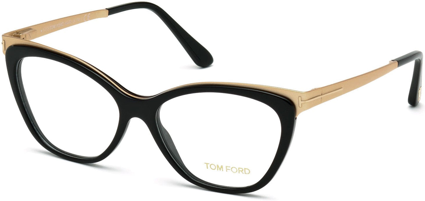 Tom Ford FT5374 Cat Eyeglasses 001-001 - Shiny Black, Shiny Brushed Rose Gold