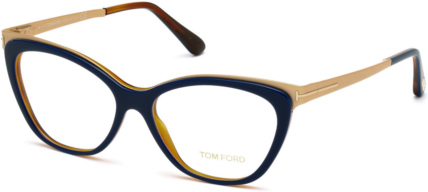 Tom Ford FT5374 Cat Eyeglasses 090-090 - Blue, Light Havana, Shiny Brushed Rose Gold