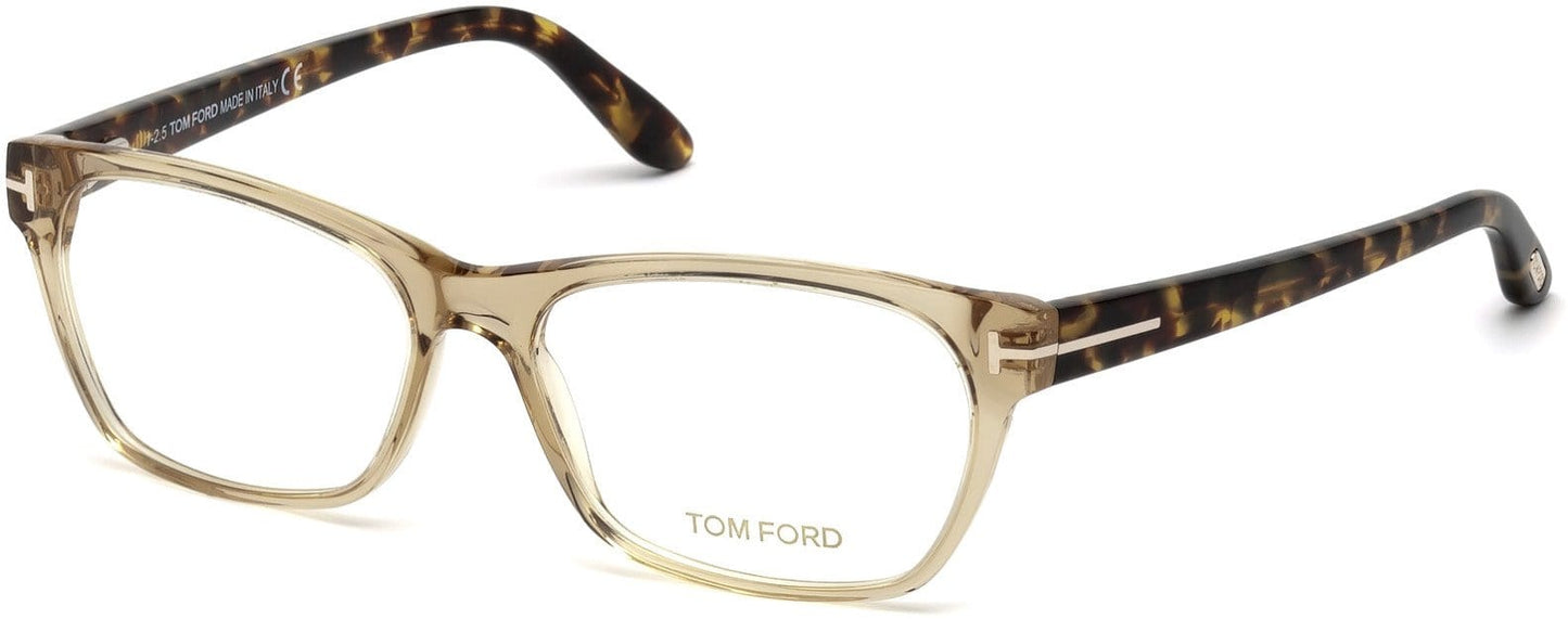 Tom Ford FT5405 Geometric Eyeglasses 045-045 - Transp. Champagne, Yellow Havana Temples, Shiny Rose Gold "t" Logo
