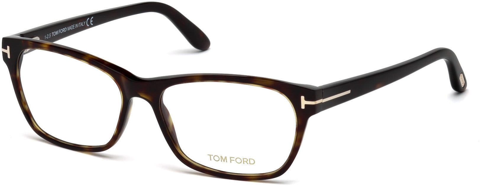 Tom Ford FT5405 Geometric Eyeglasses 052-052 - Shiny Classic Dark Havana, Shiny Rose Gold "t" Logo