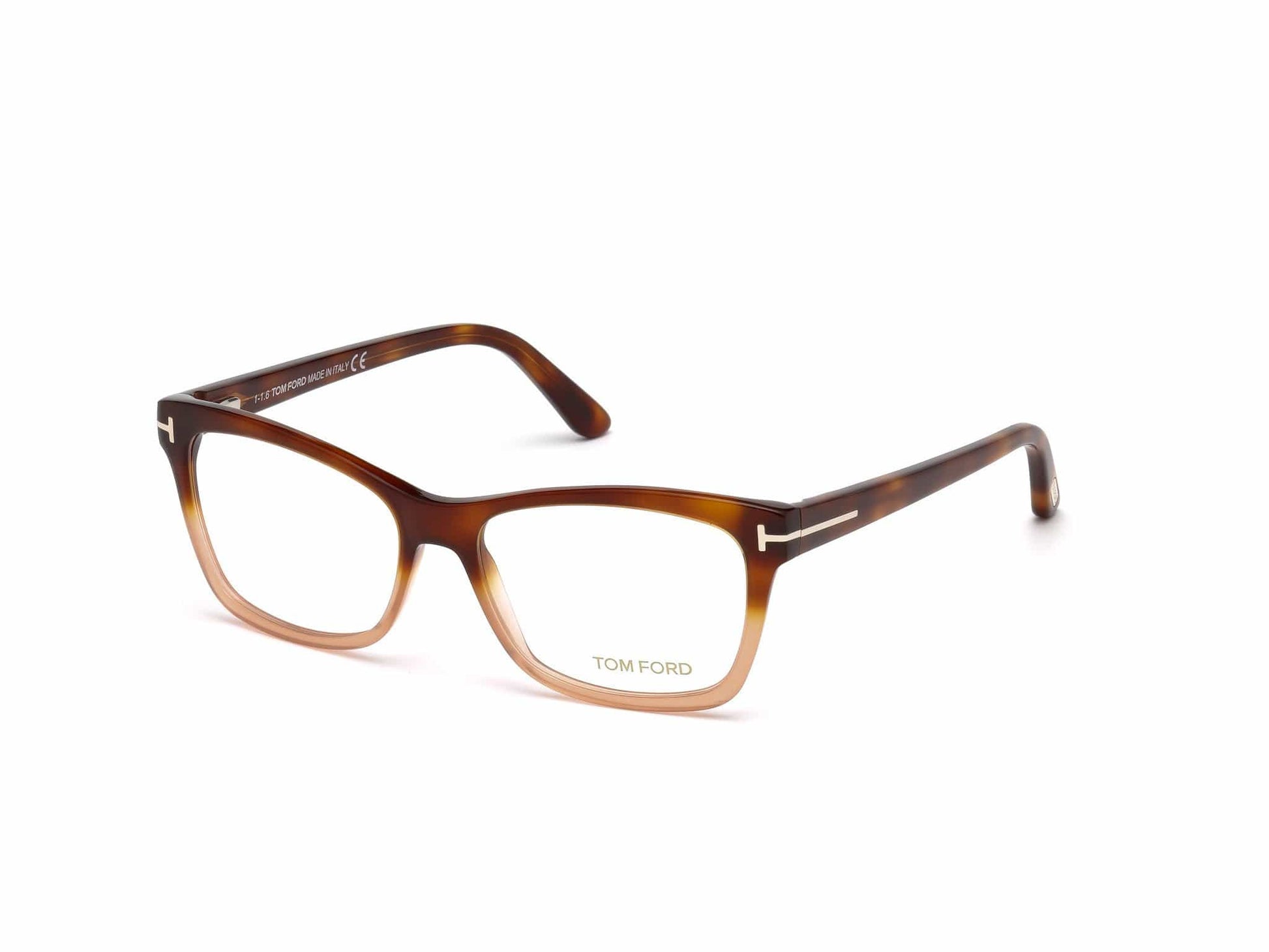 Tom Ford FT5424 Geometric Eyeglasses 056-056 - Gradient Havana-To-Peach, Blonde Havana, Shiny Rose Gold  "t" Logo