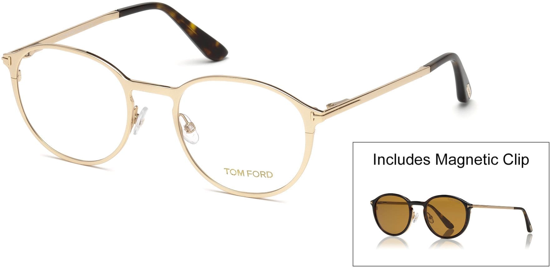 Tom Ford FT5476 Round Eyeglasses 28E-28E - Shiny Rose Gold / Shiny Dark Havana, Brown Lens Clip-On - Back Order until 