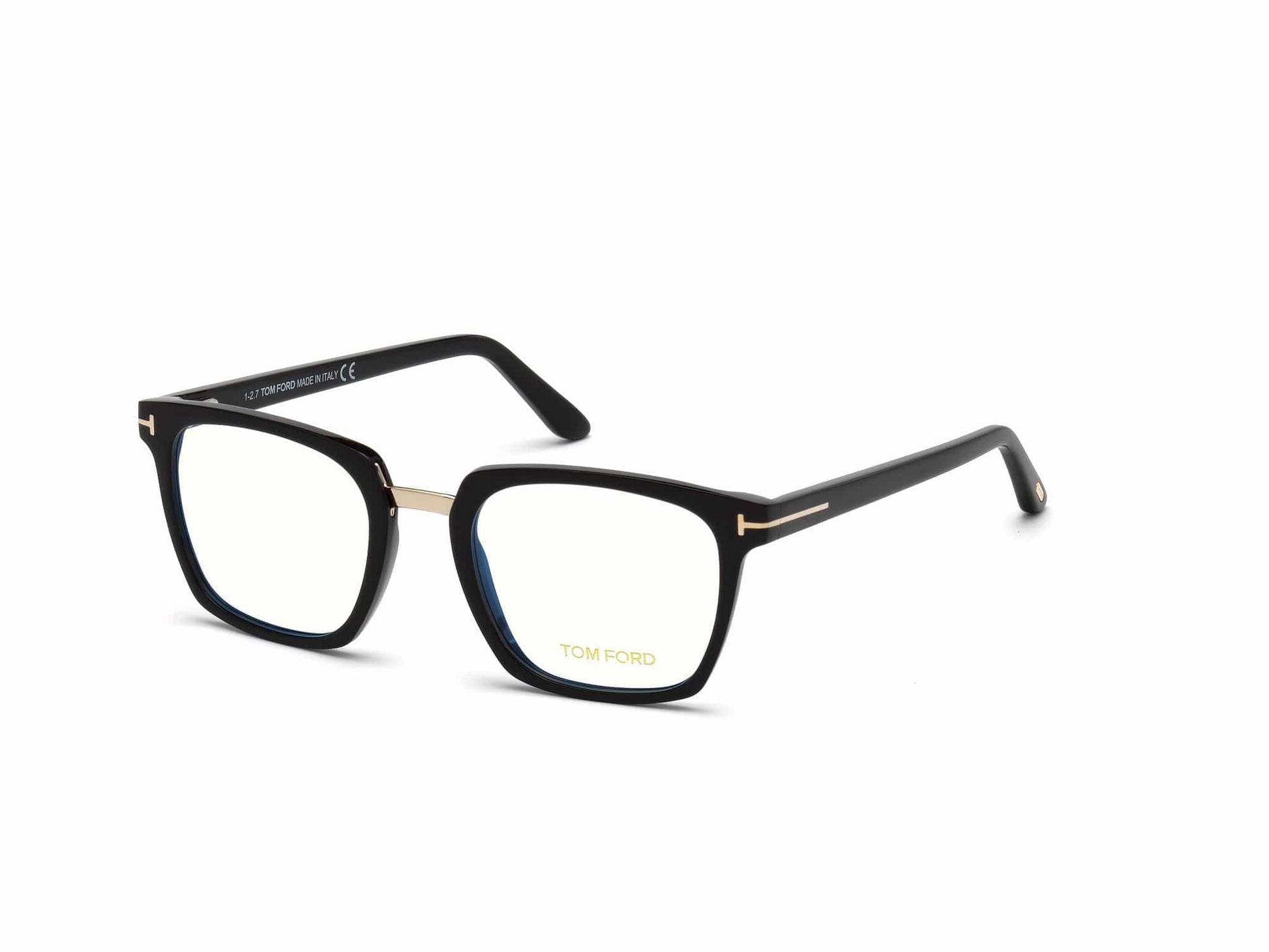 Tom Ford FT5523-B Geometric Eyeglasses 001-001 - Shiny Black, Shiny Rose Gold Bridge & "t" Logo/ Blue Block Lenses