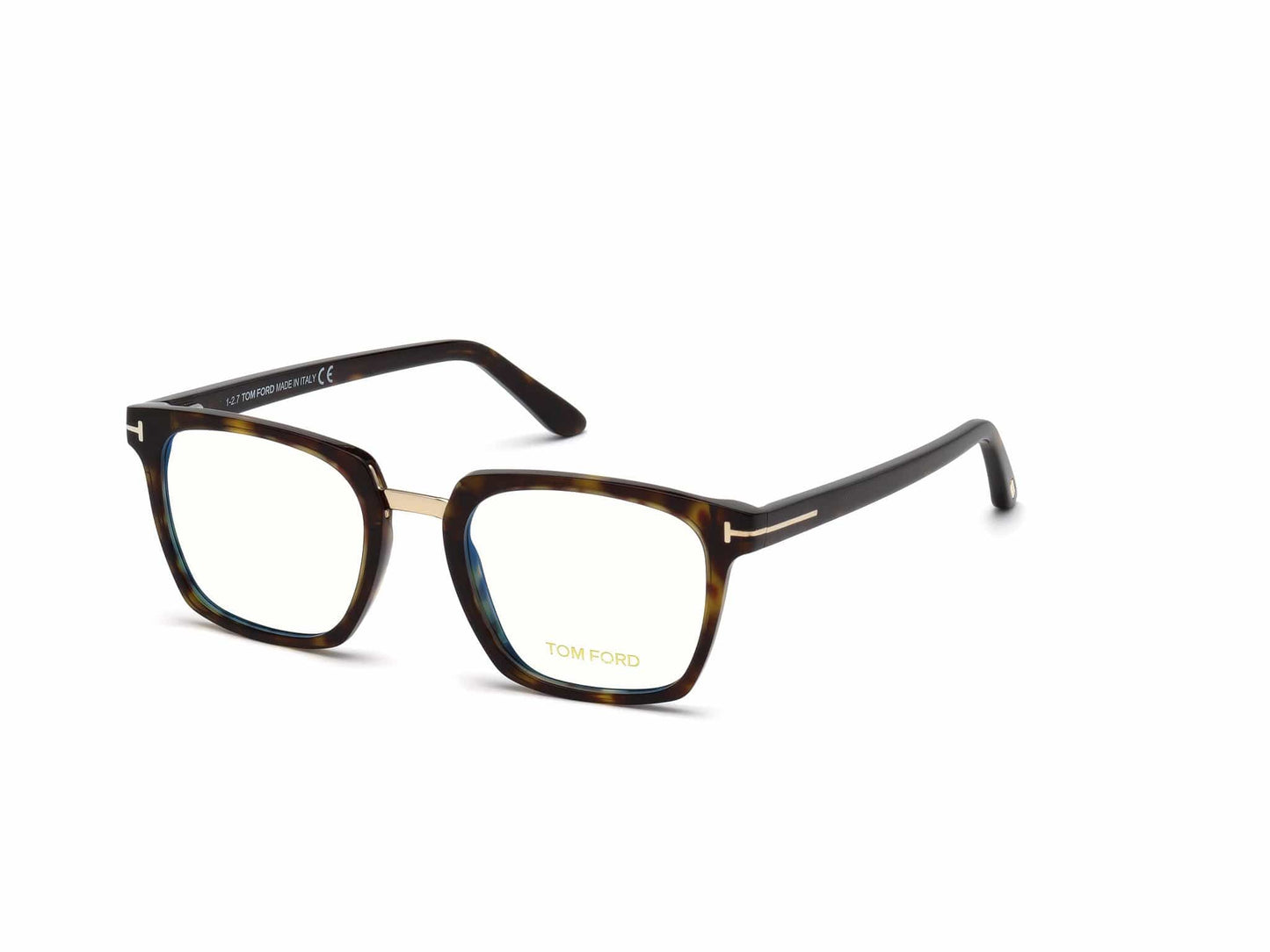 Tom Ford FT5523-B Geometric Eyeglasses 052-052 - Classic Dark Havana, Rose Gold Bridge & "t" Logo/ Blue Block Lenses