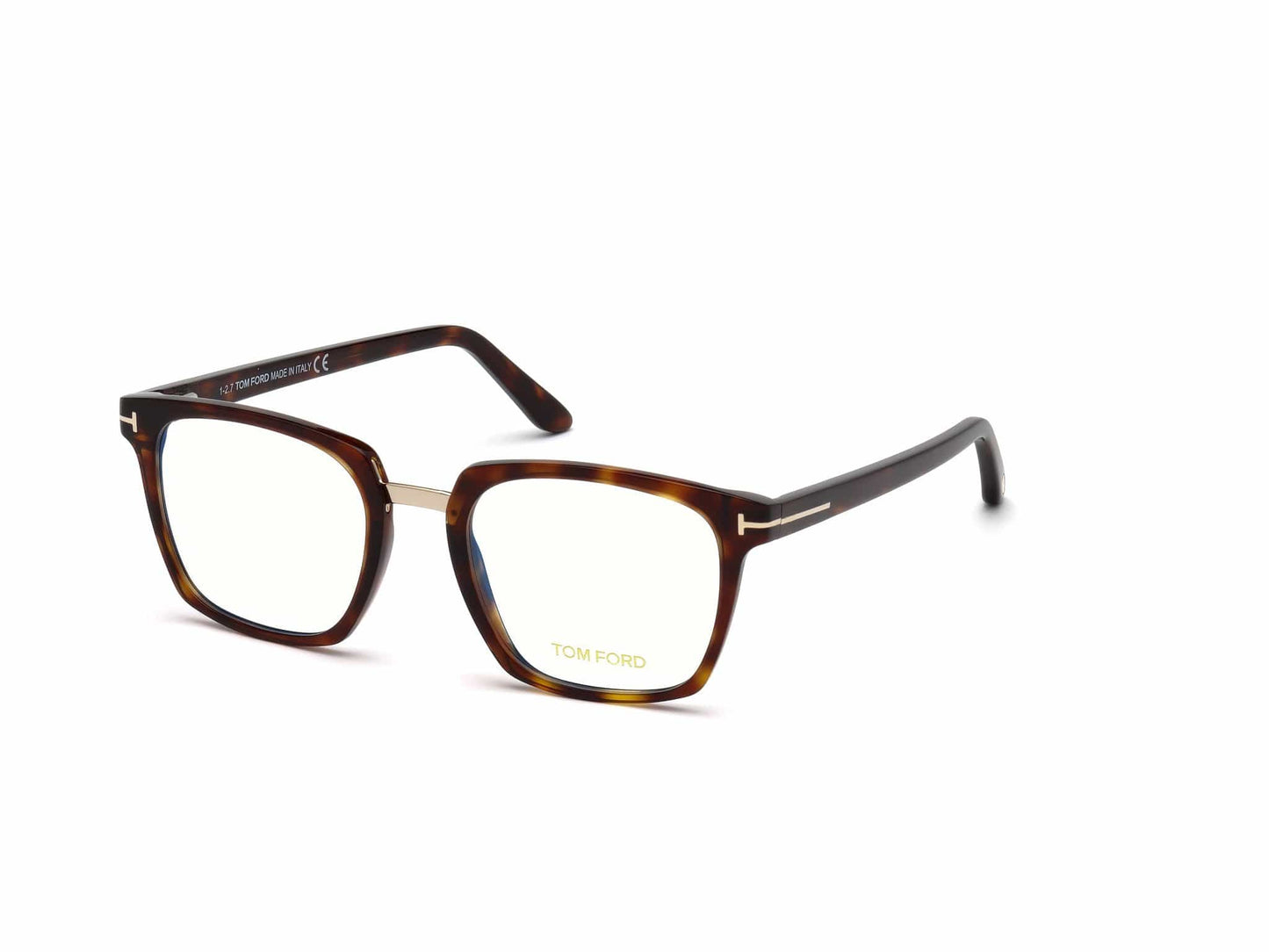 Tom Ford FT5523-B Geometric Eyeglasses 054-054 - Shiny Red Havana, Shiny Rose Gold Bridge & "t" Logo/ Blue Block Lenses