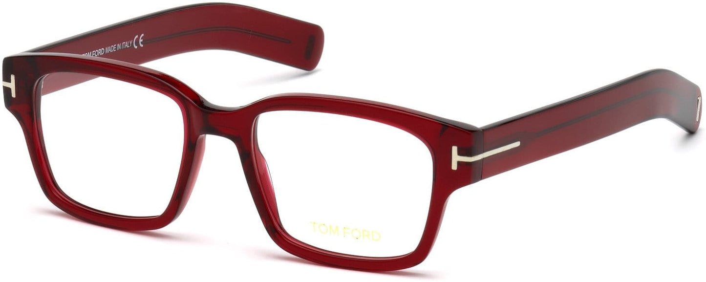 Tom Ford FT5527 Geometric Eyeglasses 066-066 - Shiny Transparent Red, Shiny Palladium "t" Logo