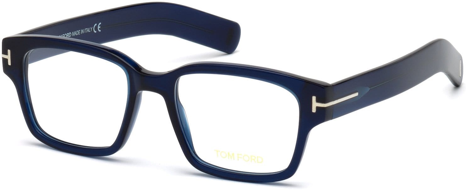 Tom Ford FT5527 Geometric Eyeglasses 090-090 - Shiny Transparent Dark Blue, Shiny Palladium "t" Logo