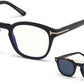 Tom Ford FT5532-B Geometric Eyeglasses 01V-01V - Shiny Black/ Blue Block Lenses W. Blue Clip-On Lenses
