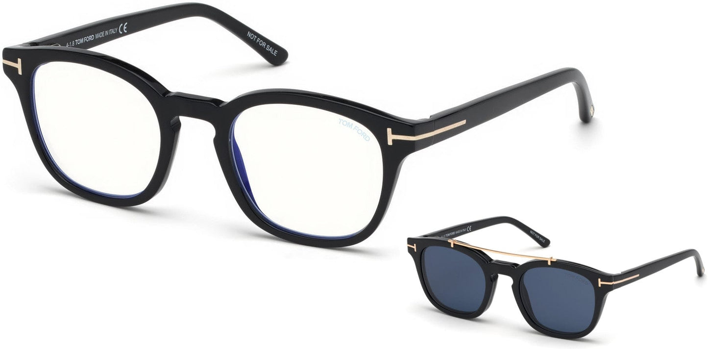 Tom Ford FT5532-B Geometric Eyeglasses 01V-01V - Shiny Black/ Blue Block Lenses W. Blue Clip-On Lenses
