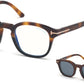 Tom Ford FT5532-B Geometric Eyeglasses 56V-56V - Havana-To-Black/ Blue Block Lenses, Vintage Blue Clip In Brown Leather