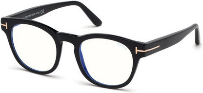 Tom Ford FT5543-F-B Geometric Eyeglasses 001-001 - Shiny Black, Shiny Rose Gold  "t" Logo / Blue Block Lenses - Back Order until  (03-23-2020)