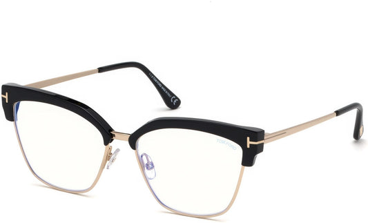 Tom Ford FT5547-B Geometric Eyeglasses 001-001 - Shiny Black, Shiny Rose Gold / Blue Block Lenses