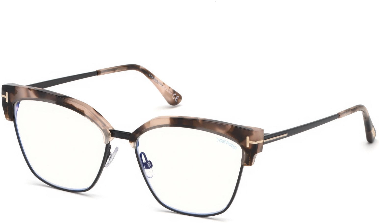 Tom Ford FT5547-B Geometric Eyeglasses 055-055 - Shiny Pink Vintage Havana, Shiny Black / Blue Block Lenses