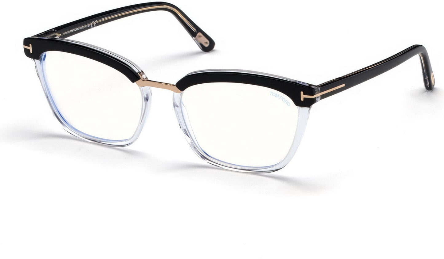 Tom Ford FT5550-B Geometric Eyeglasses 005-005 - Shiny Black & Crystal, Rose Gold Details/ Blue Block Lenses