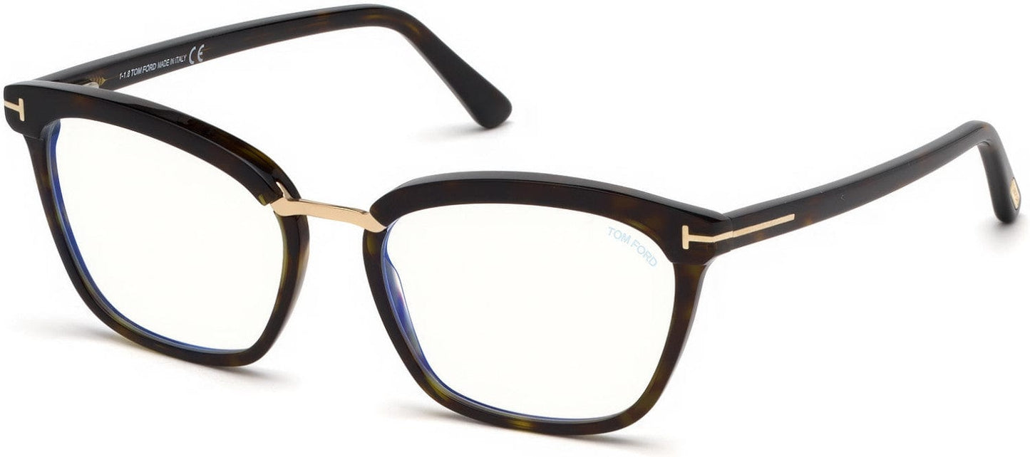 Tom Ford FT5550-B Geometric Eyeglasses 052-052 - Shiny Dark Havana, Rose Gold Details/ Blue Block Lenses