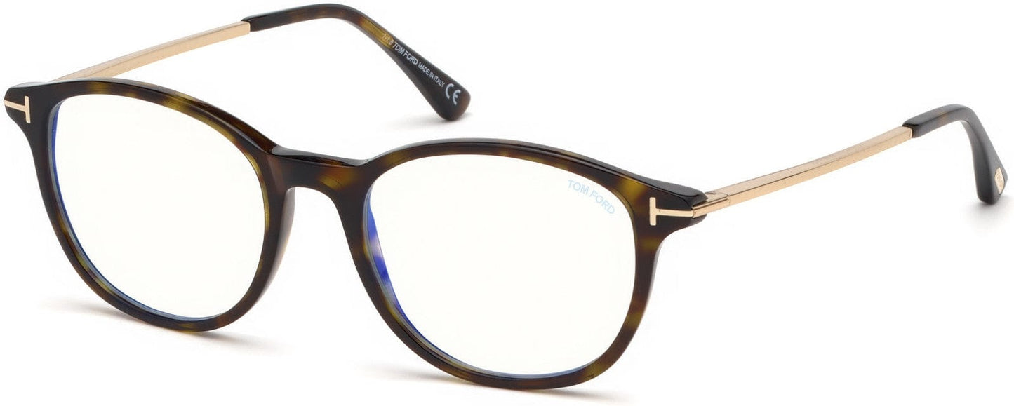 Tom Ford FT5553-B Round Eyeglasses 052-052 - Shiny Dark Havana, Shiny Rose Gold / Blue Block Lenses