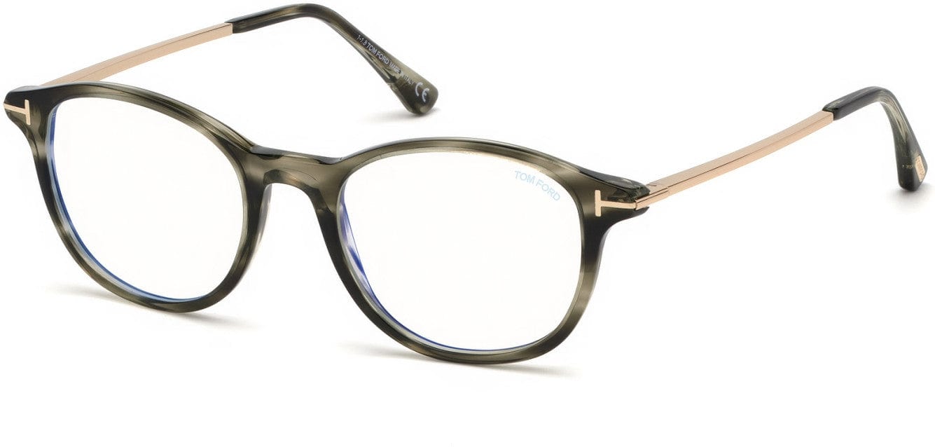 Tom Ford FT5553-B Round Eyeglasses 056-056 - Shiny Striped Black & Grey, Shiny Rose Gold/ Blue Block Lenses