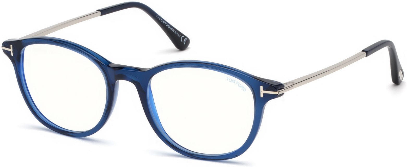 Tom Ford FT5553-B Round Eyeglasses 090-090 - Shiny Transparent Blue, Shiny Palladium / Blue Block Lenses