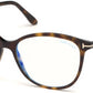 Tom Ford FT5576-F-B Geometric Eyeglasses 052-052 - Shiny Classic Dark Havana, Shiny Rose Gold "t" Logo/ Blue Block Lenses