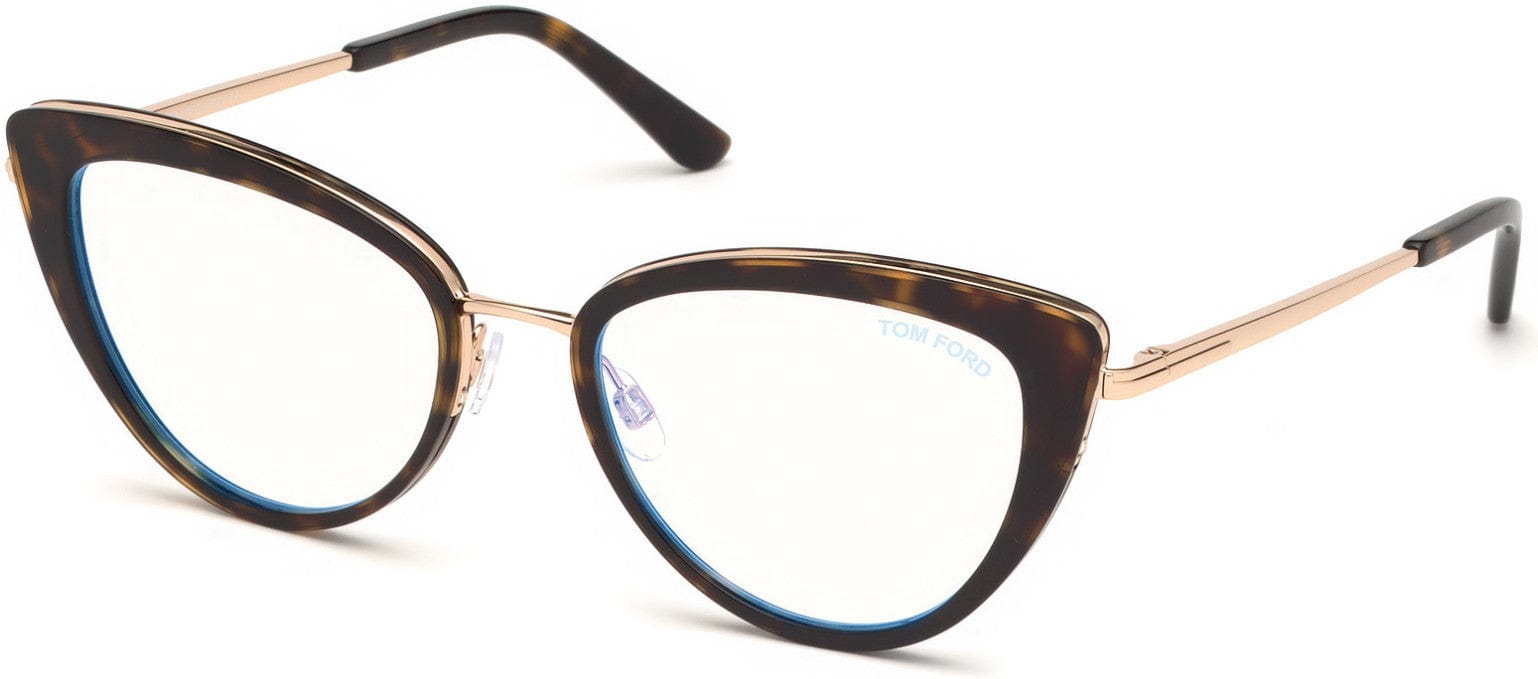 Tom Ford FT5580-B Cat Eyeglasses 052-052 - Shiny Dark Havana, Shiny Rose Gold / Blue Block Lenses