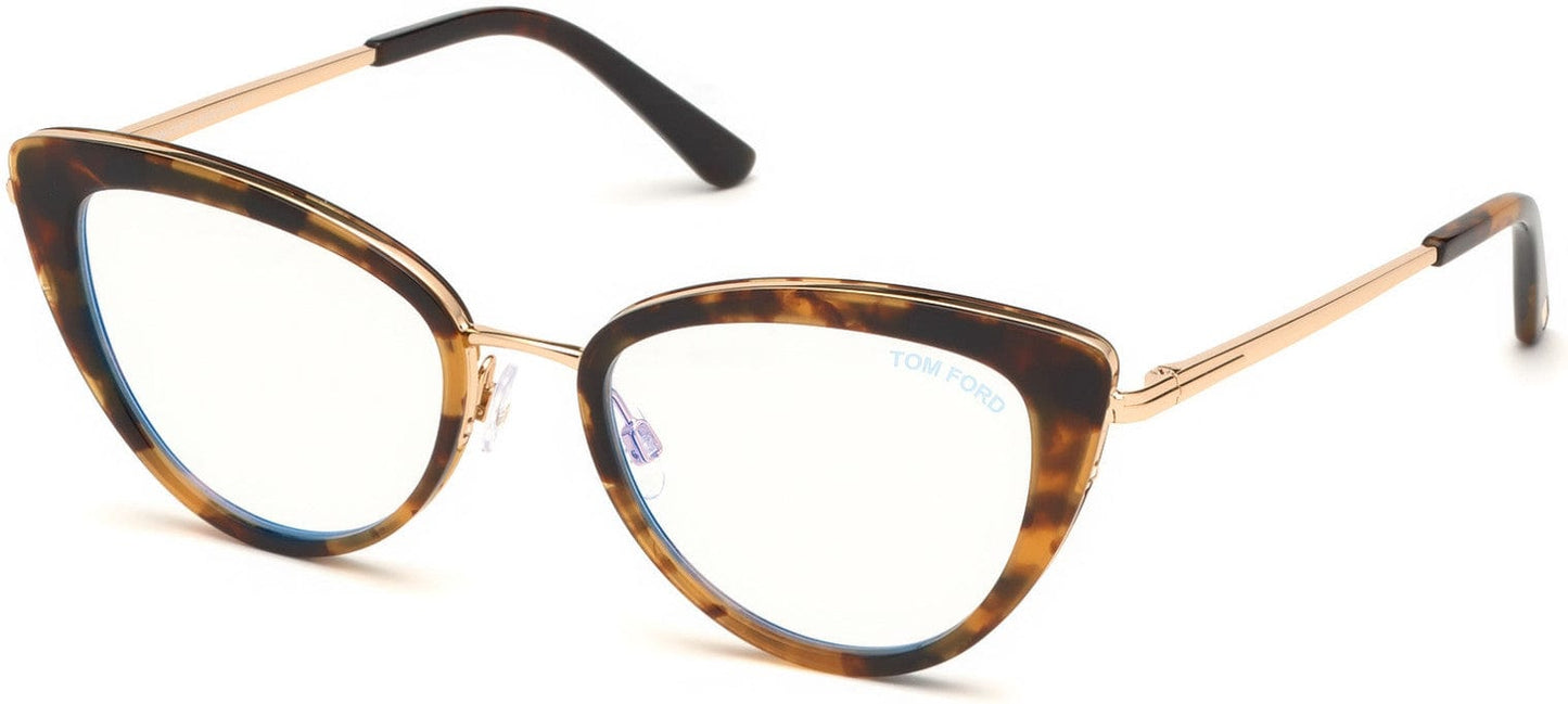 Tom Ford FT5580-B Cat Eyeglasses 056-056 - Shiny Vintage Havana, Shiny Rose Gold / Blue Block Lenses