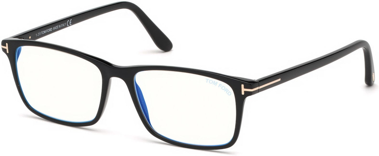 Tom Ford FT5584-F-B Geometric Eyeglasses 001-001 - Shiny Black, Rose Gold "t" Logo / Blue Block Lenses
