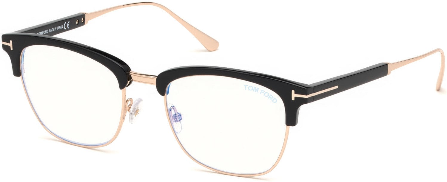 Tom Ford FT5590-F-B Geometric Eyeglasses 001-001 - Shiny Black, Shiny Rose Gold/ Blue Block Lenses