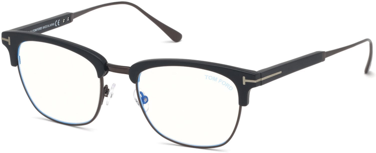 Tom Ford FT5590-F-B Geometric Eyeglasses 002-002 - Matte Black, Shiny Dark Ruthenium/ Blue Block Lenses