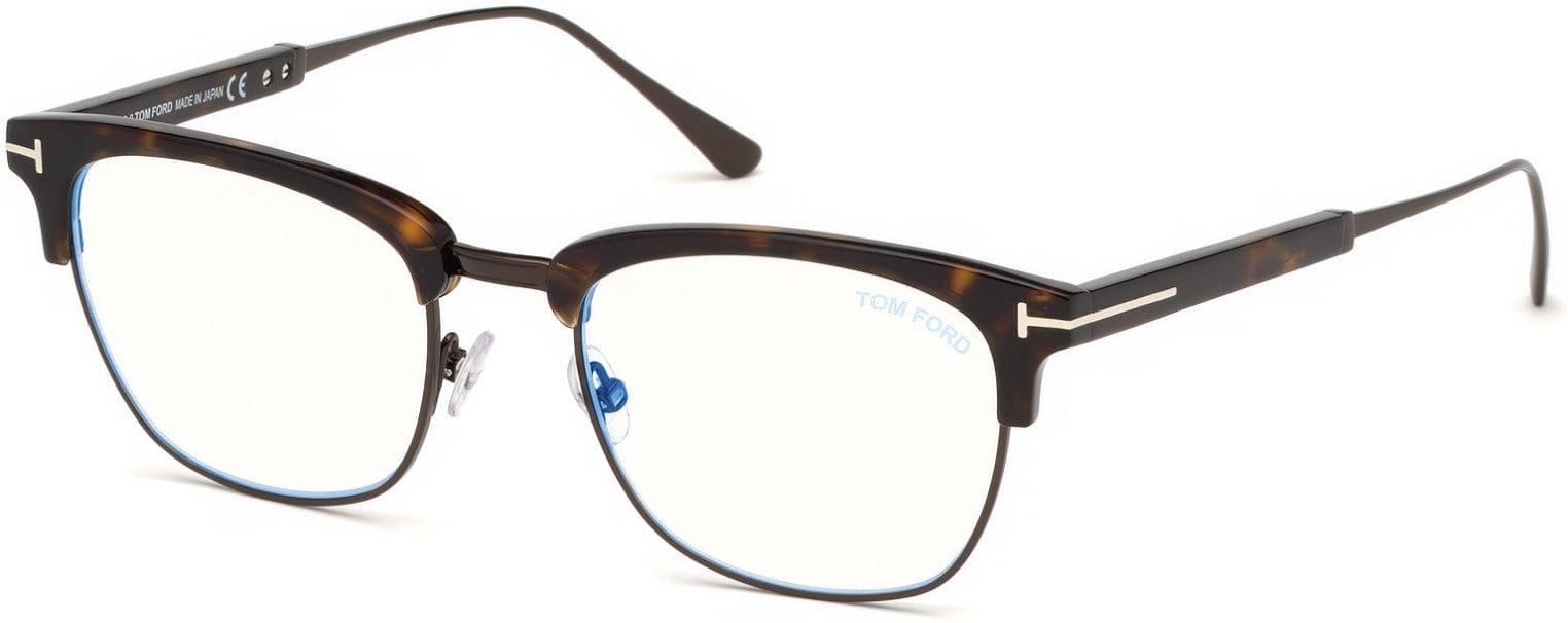 Tom Ford FT5590-F-B Geometric Eyeglasses 052-052 - Shiny Classic Dark Havana, Shiny Dark Ruthenium/ Blue Block Lenses