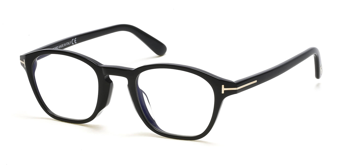 Tom Ford FT5591-D-B Geometric Eyeglasses 001-001 - Shiny Black, Rose Gold "t" Logo/ Blue Block Lenses