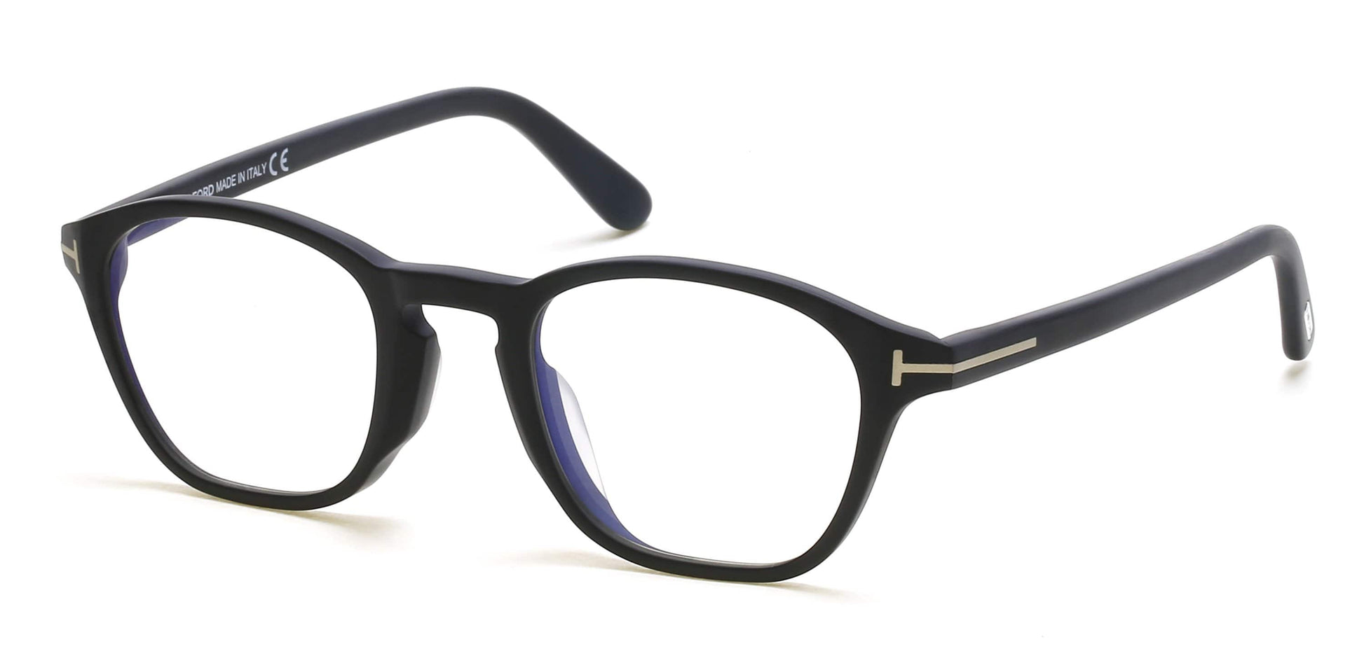 Tom Ford FT5591-D-B Geometric Eyeglasses 002-002 - Matte Black, Rose Gold "t" Logo/ Blue Block Lenses