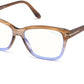 Tom Ford FT5597-F-B Square Eyeglasses 047-047 - Shiny Striped Champagne W. Gradient Lilac Front / Blue Block Lenses