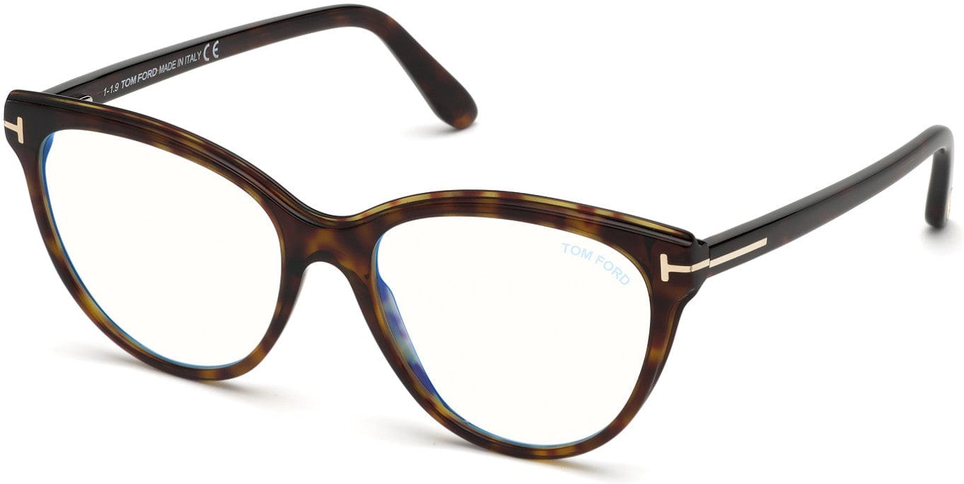 Tom Ford FT5618-B Oval Eyeglasses 052-052 - Shiny Classic Dark Havana/ Blue Block Lenses