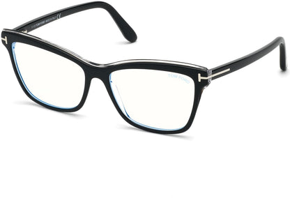 Tom Ford FT5619-B Square Eyeglasses 001-001 - Shiny Black & Crystal/ Blue Block Lenses