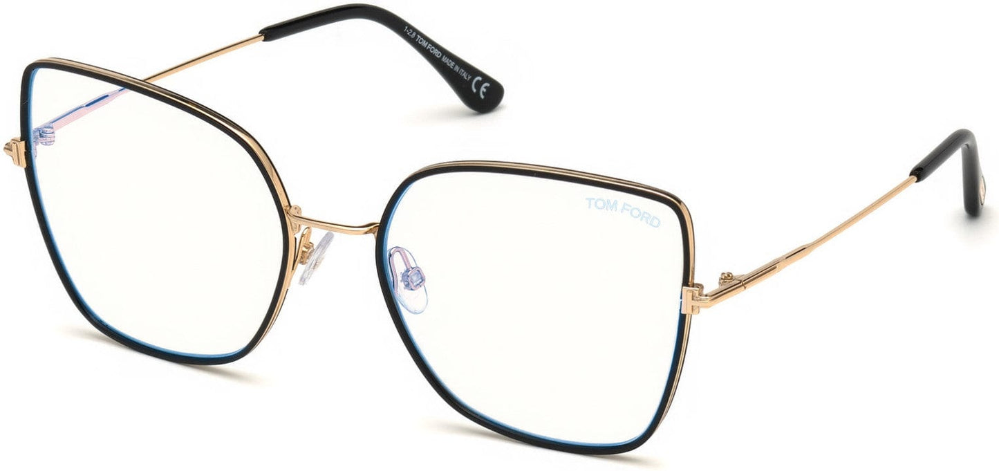 Tom Ford FT5630-B Geometric Eyeglasses 001-001 - Shiny Black, Shiny Rose Gold / Blue Block Lenses