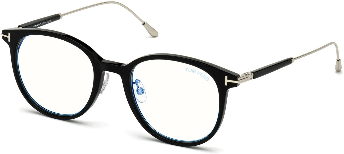 Tom Ford FT5644-D-B Round Eyeglasses 001-001 - Shiny Black W. Shiny Palladium Temples/ Blue Block Lenses