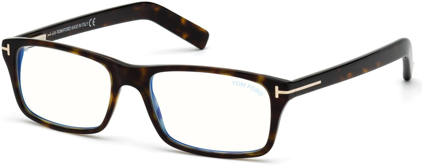 Tom Ford FT5663-B Rectangular Eyeglasses 052-052 - Shiny Classic Dark Havana/ Blue Block Lenses
