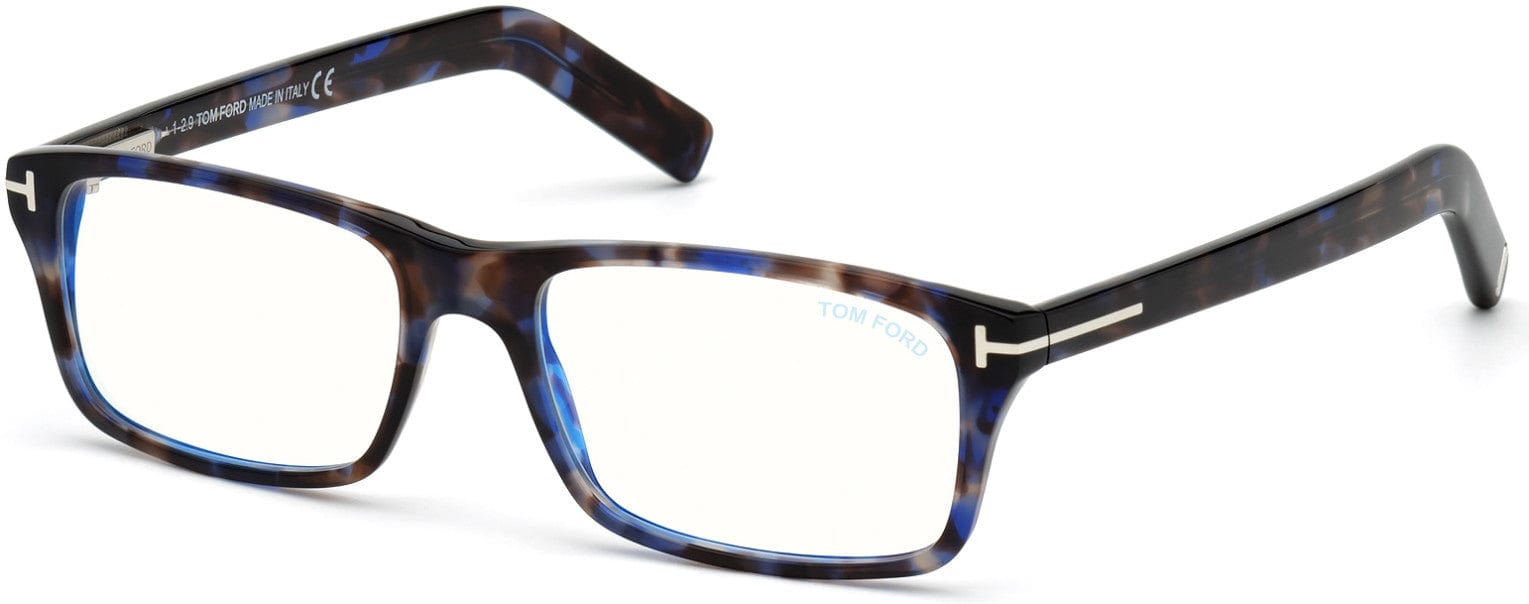 Tom Ford FT5663-B Rectangular Eyeglasses 056-056 - Shiny Blue Havana/ Blue Block Lenses