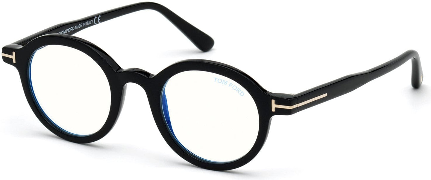 Tom Ford FT5664-B Round Eyeglasses 001-001 - Shiny Black, "t" Logo / Blue Block Lenses