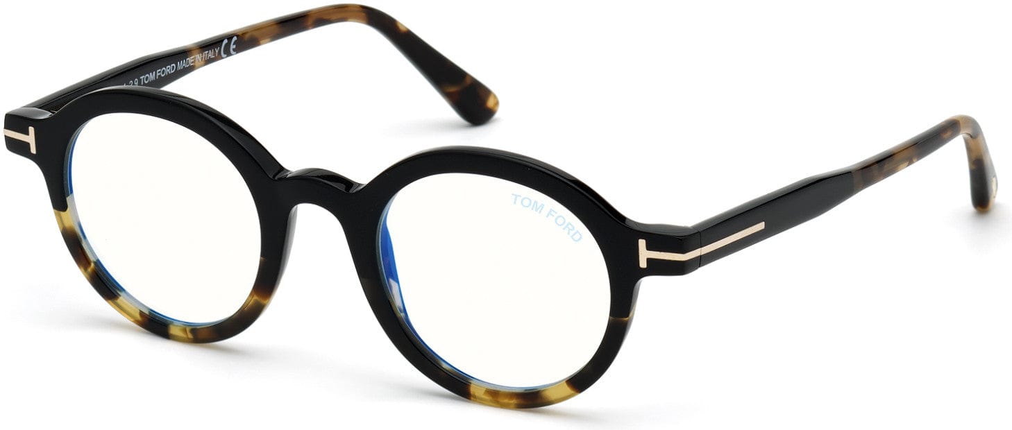 Tom Ford FT5664-B Round Eyeglasses 005-005 - Shiny Black And Vintage Havana, "t" Logo / Blue Block Lenses