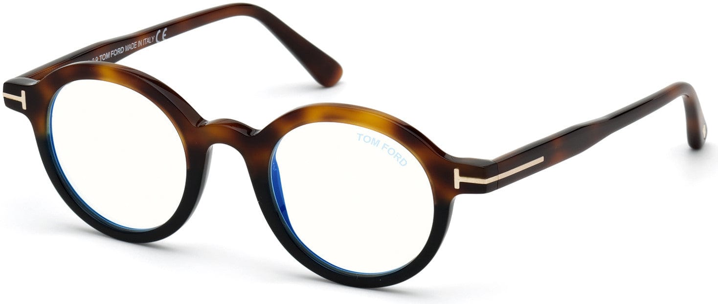 Tom Ford FT5664-B Round Eyeglasses 056-056 - Shiny Medium Havana, "t" Logo / Blue Block Lenses - Ss21 Adv Style