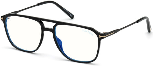 Tom Ford FT5665-B Navigator Eyeglasses 001-001 - Shiny Black Acetate Front, Shiny Black Metal Temple/ Blue Block Lenses
