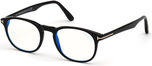 Tom Ford FT5680-B Round Eyeglasses 001-001 - Shiny Black / Blue Block Lenses